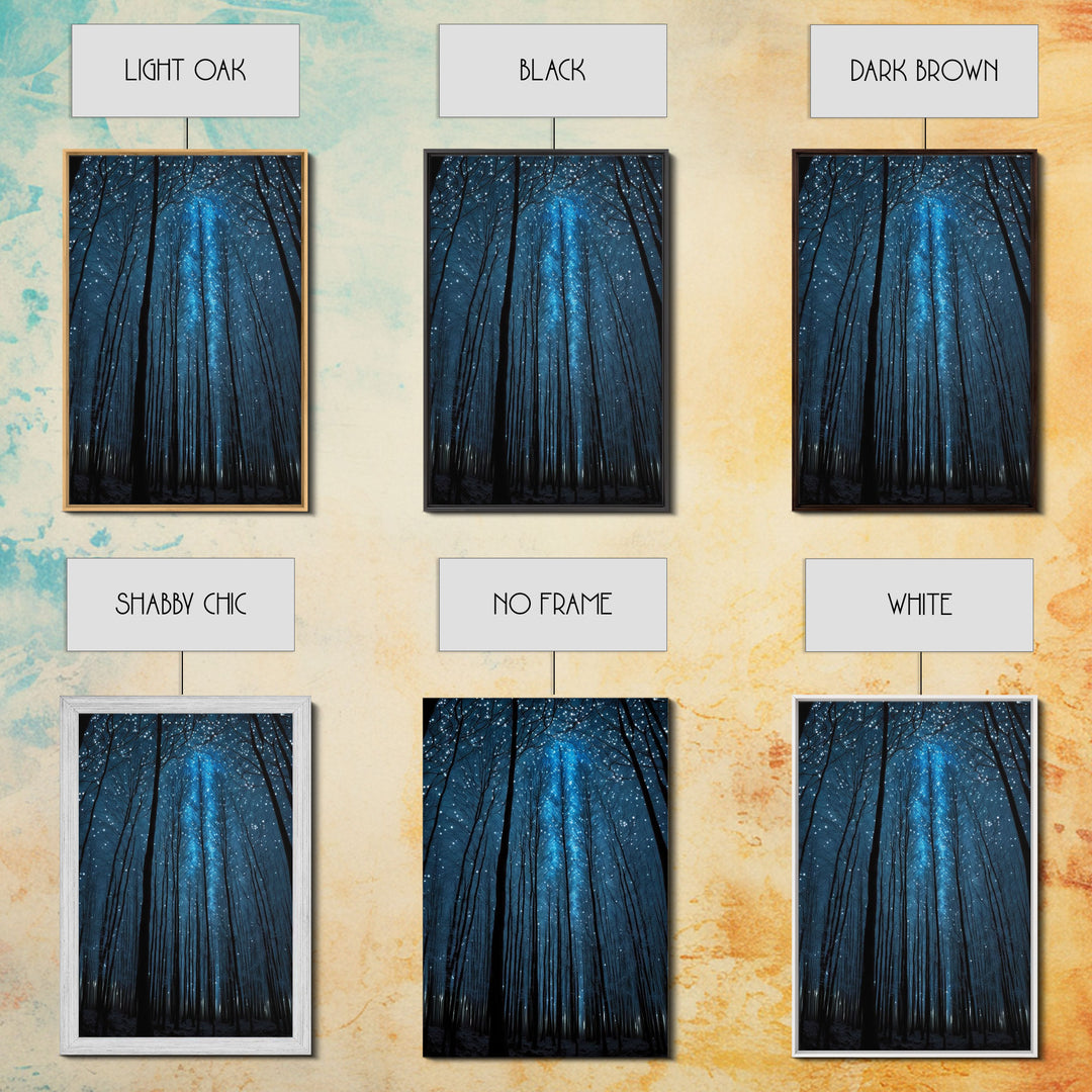 Birch Tree Forest At Night, Starry Night Sky, Framed Canvas Print, Boho Minimalist Farmhouse Decor, Primitive Art