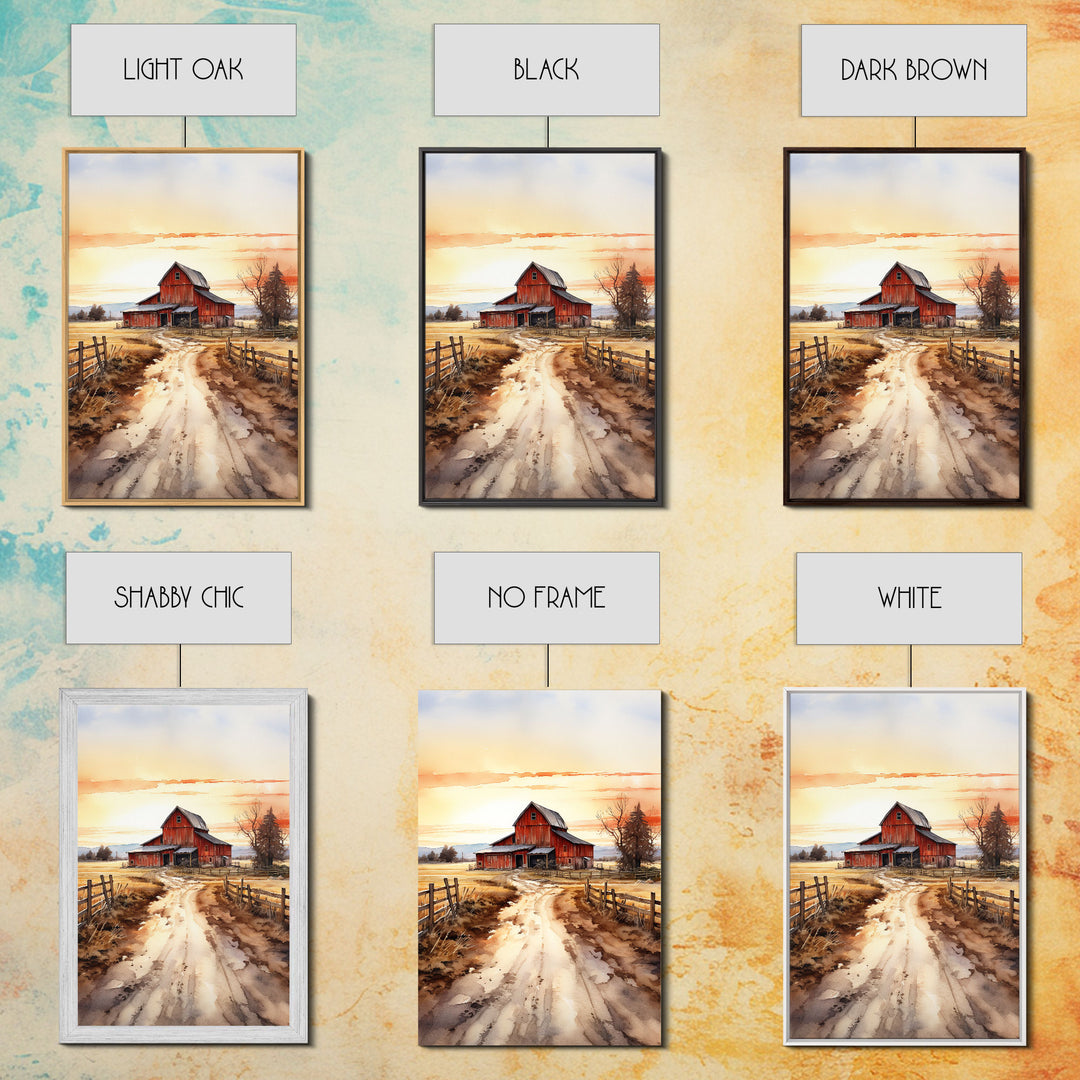 Sunset Over A Red Barn, Watercolor Painting Canvas Print, Country Poster Art,  Framed Canvas, Country Roads, Rustic Farmhouse Decor