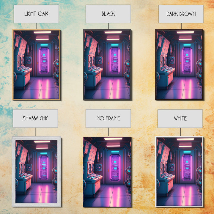Vaporwave Futuristic Cyberpunk Space Ship Control Room, Framed Canvas Print, Scifi Art