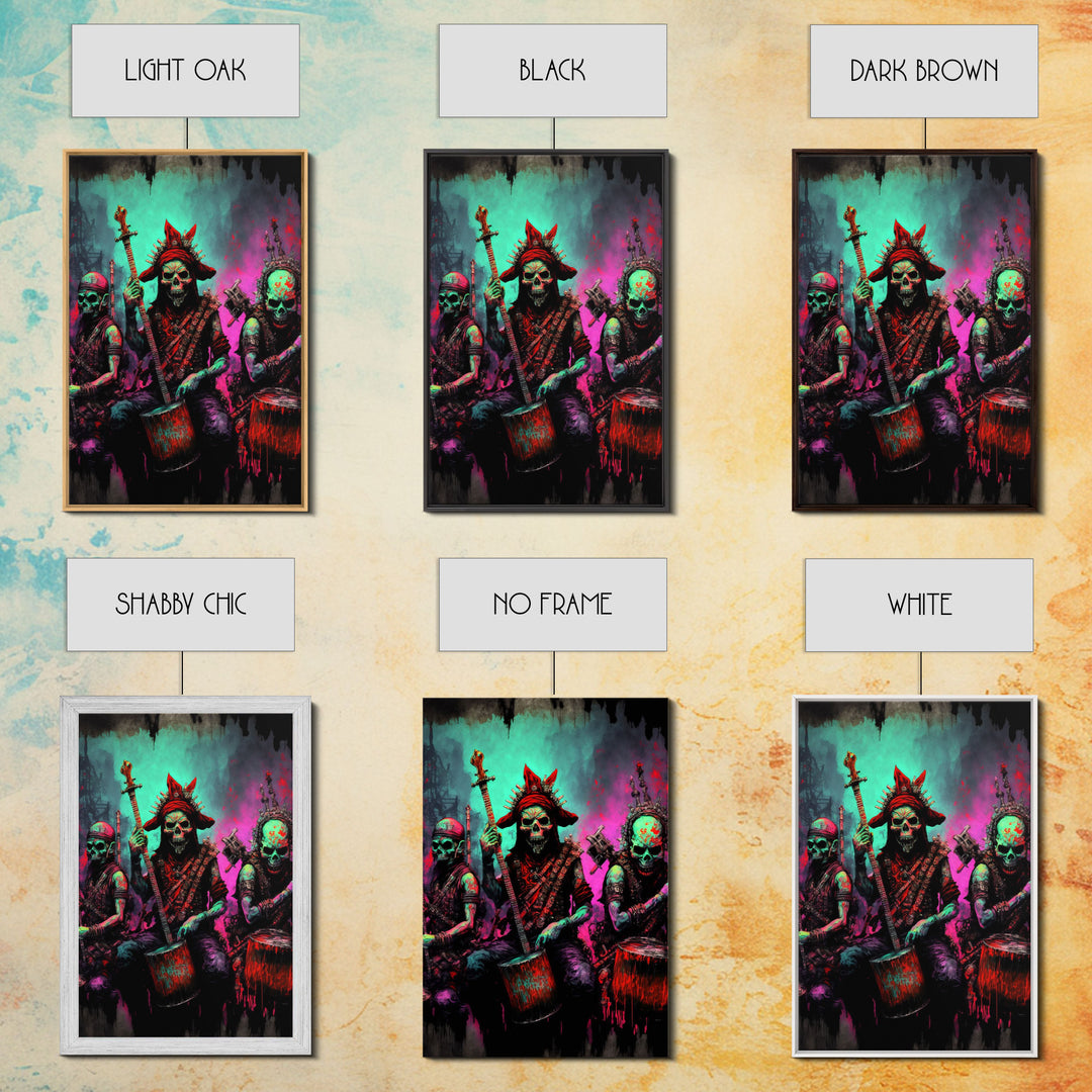 Death Metal Skeletons, Medieval Heavy Metal Undead Band Art, Framed Canvas Print, Unique Office Large Wall Art, Mancave Art