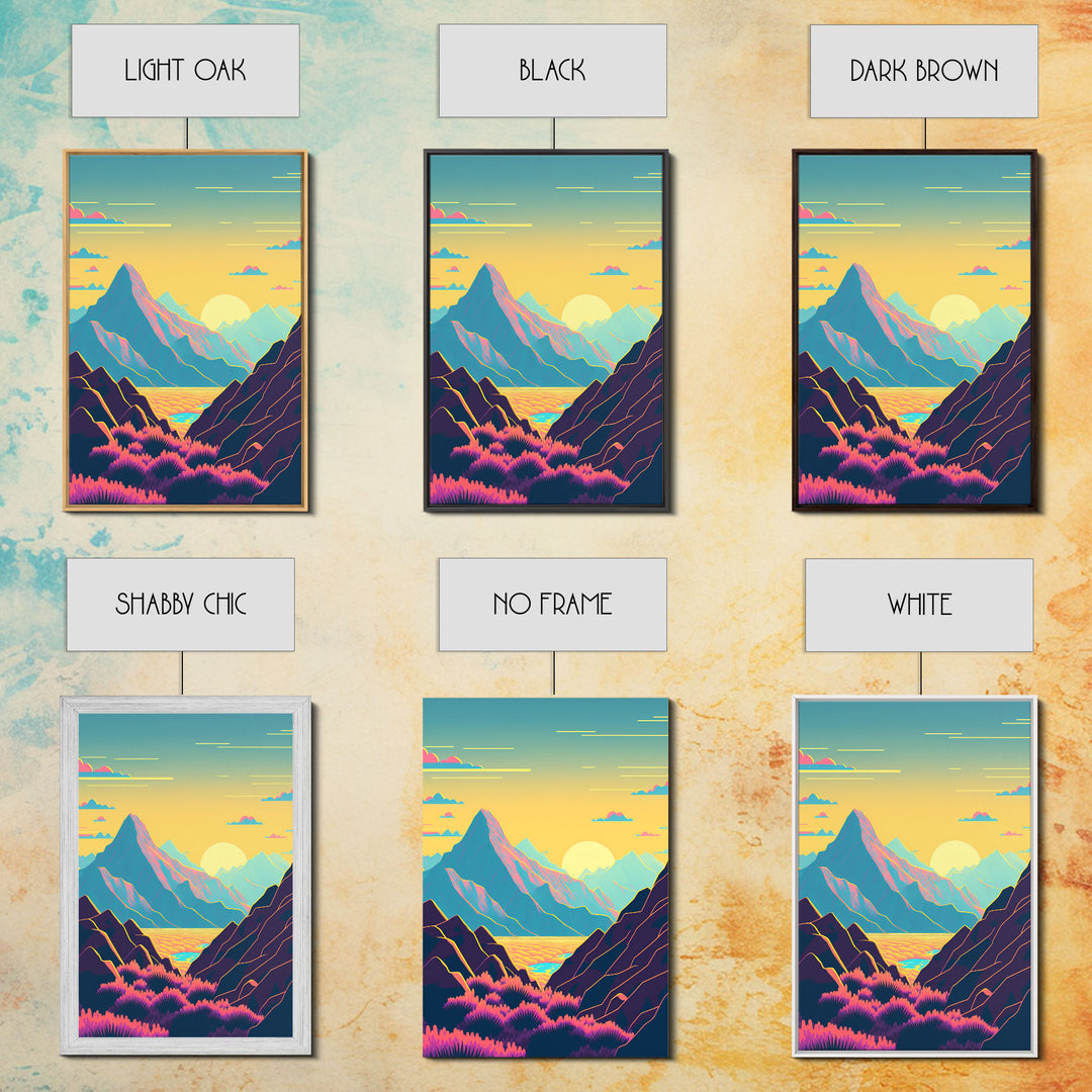 Peach Sunset, Fantasy Mountain Landscape Art, Framed Canvas Print, Minimalist Art Deco Inspired Wall Art