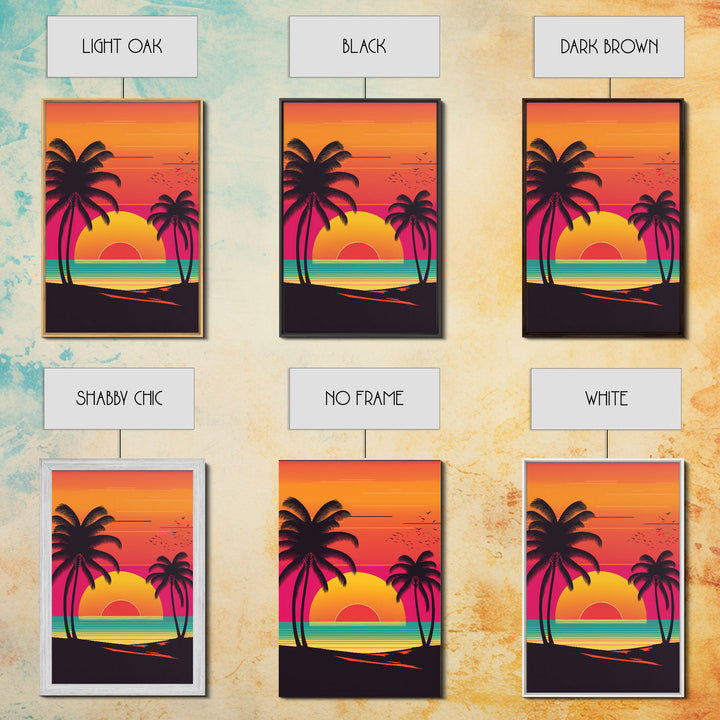 Retro Beach Vibes, Palm Trees at Sunset, Retrowave Landscape Art, Framed Canvas Print,  Florida Art, California Art, Game Room Decor