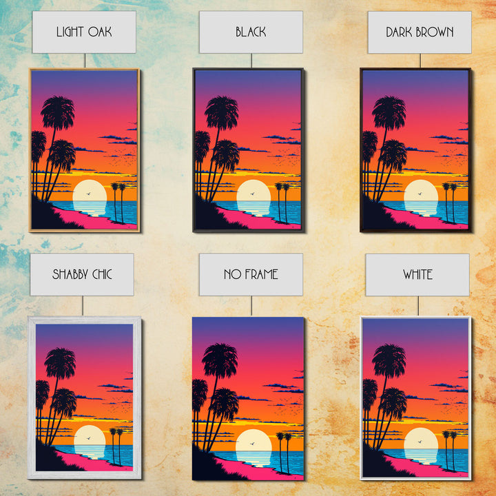 Framed Canvas Print - Art Deco Sunset, Beaches, Minimalist, Palmtrees, Retro Style, Synthwave, Vaporwave, 80s Style Decor, Palme Trees