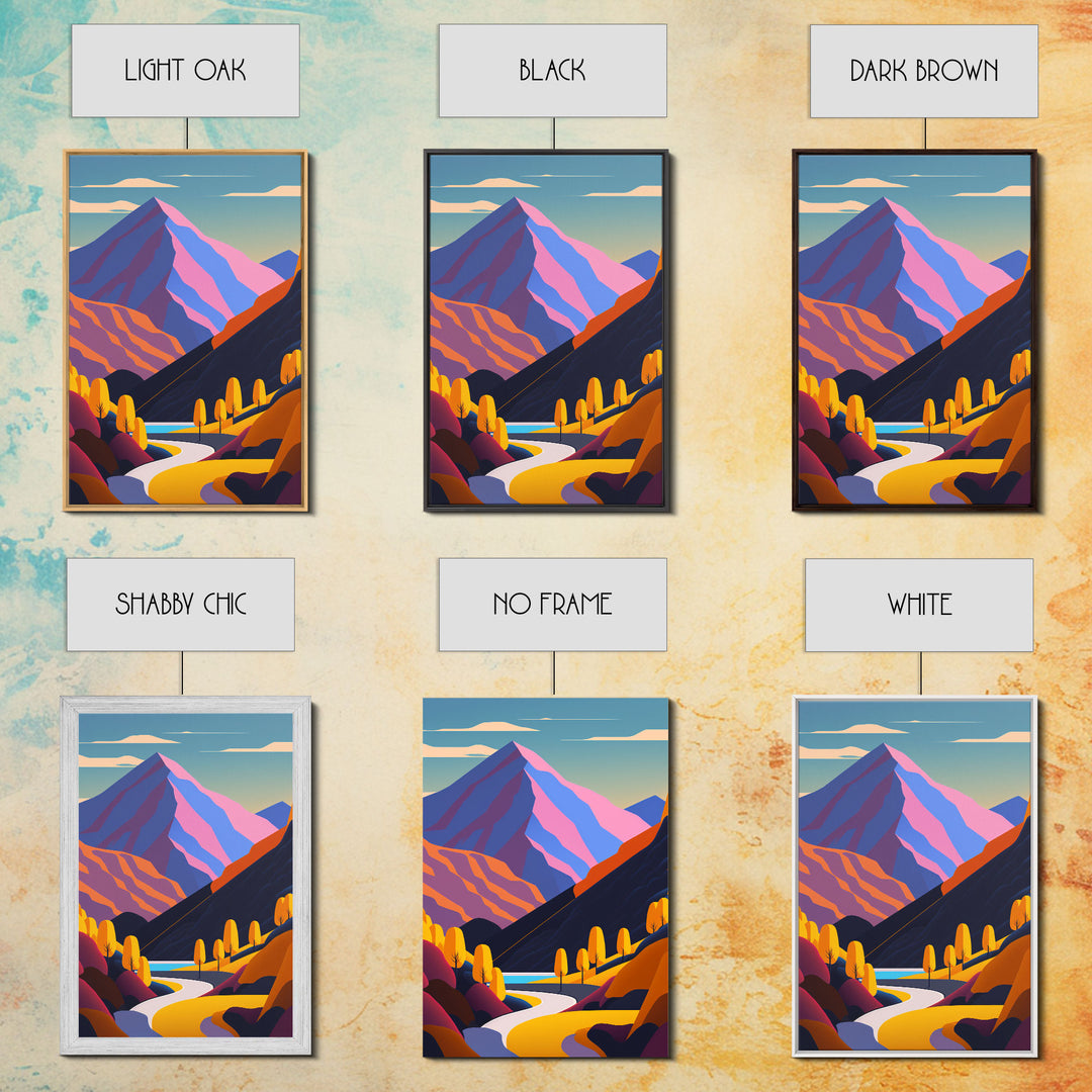 Retro Style Purple Mountain Landscape, Framed Canvas Print, MCM Style Art, Framed Wall Art, Wall Decor, Living Room / Guest Room Art