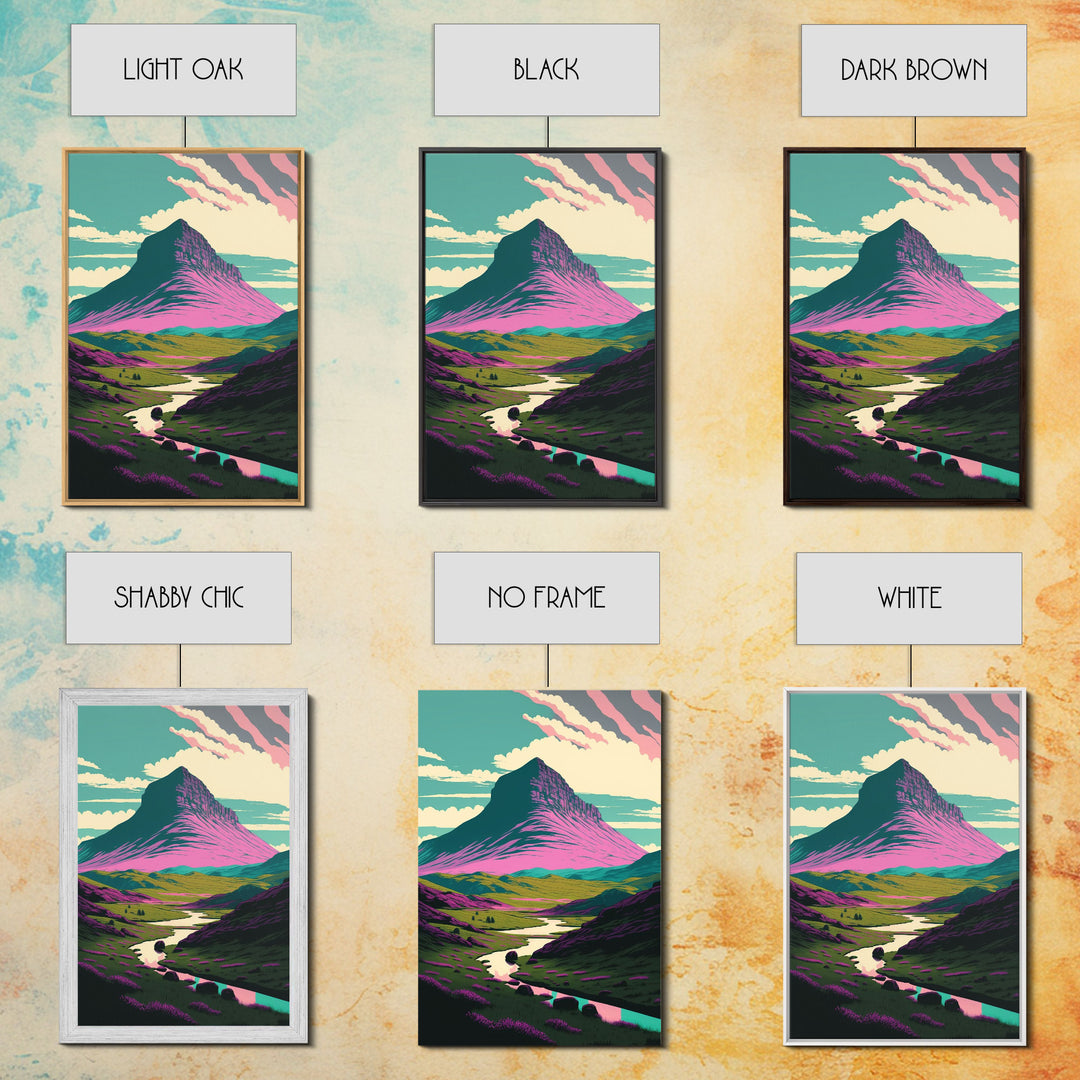 Retro Style Purple Mountain Landscape, Framed Canvas Print, MCM Style Art, Framed Wall Art, Wall Decor, Living Room / Guest Room Art