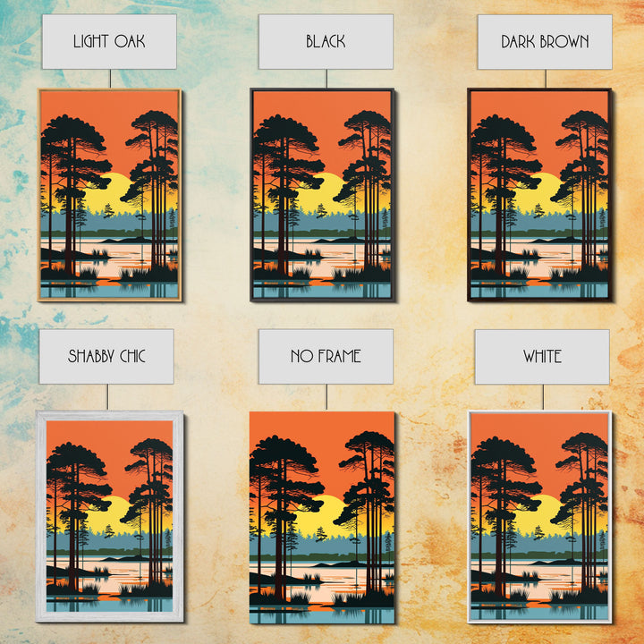 Vintage Style Art, Framed Canvas Prints, Lake and Pine Tree Forest Landscape, Florida Everglades at Sunset