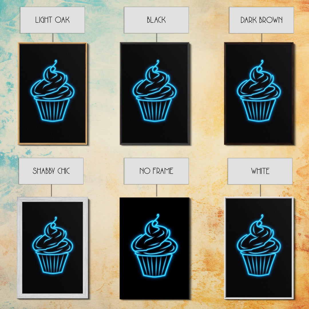 Blue Neon Lights Cupcake Wall Decor, Kitchen Wall Art, Glowing Art, Minimalist Print, Wall Decor, Canvas Print, Wall Art, Framed Canvas