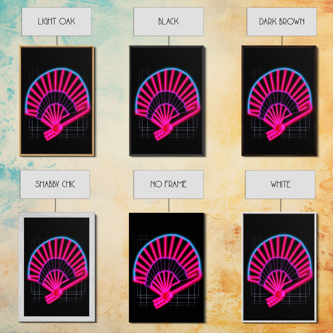 Neon Lights Folding Fan Wall Art, Line Art Print, Pink, Glowing Art, Minimalist Print, Wall Decor, Canvas Print, Wall Art, Framed Canvas