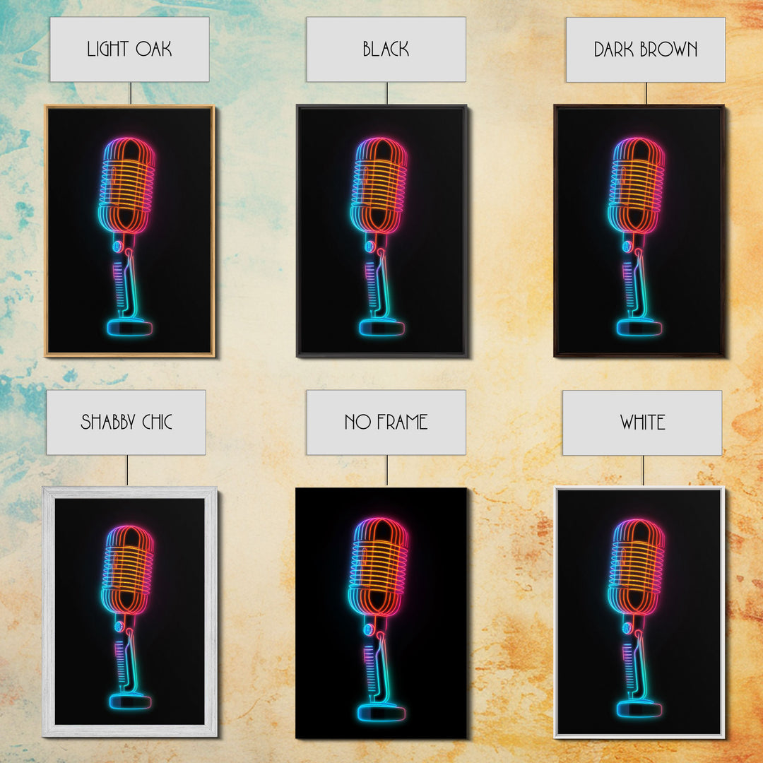 Neon Lights Retro Microphone Wall Art, Vibrant Art, Music Room Wall Art, Minimalist Print, Wall Decor, Canvas Print, Wall Art, Framed Canvas