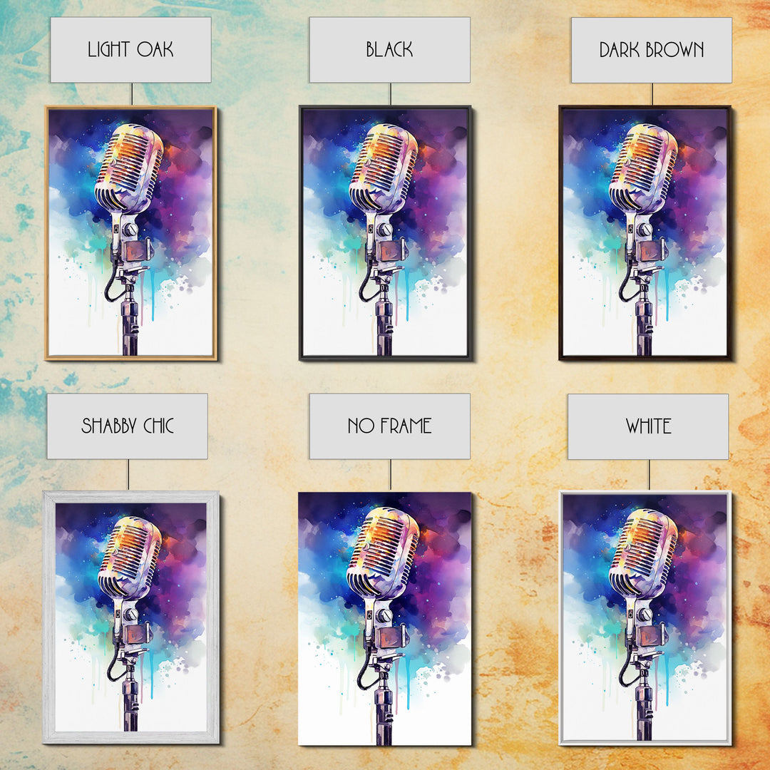 Neon Graffiti Splatter Paint Microphone Art, Vintage Microphone Painting Framed Canvas Print, Studio Wall Art, Music Studio Decor