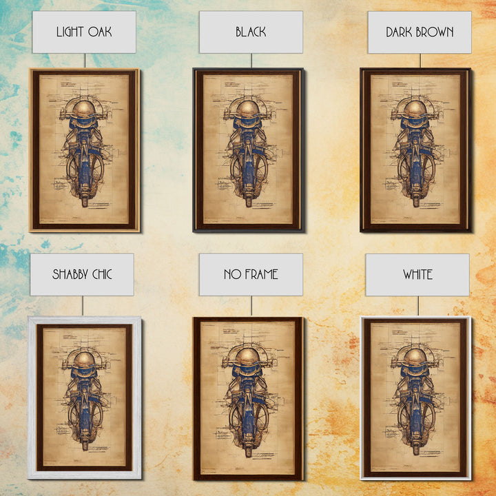 Da Vinci style steampunk motorcycle diagram, canvas print, man cave wall art, motorcycle art