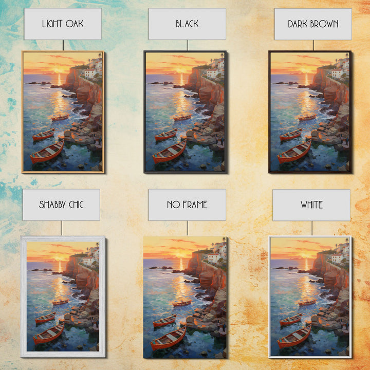 Seaside Town, Boat Wall Art, Ocean Print, Sunset Wall Art, Canvas Print, Wall Art, Vertical Art, Watercolor Art, Couple Gift, Travel Print