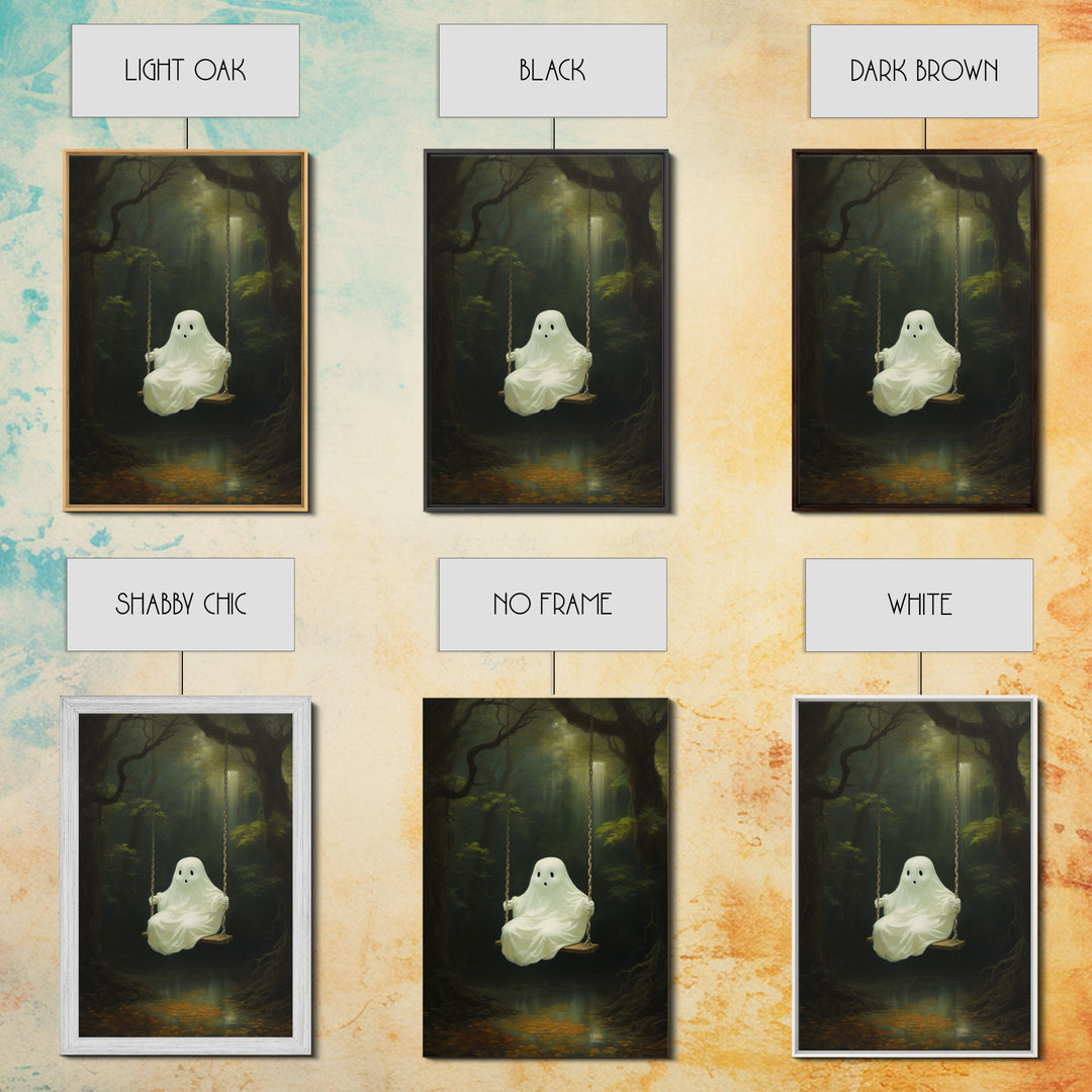 Cute Little Boo Playground Ghost, Funny Halloween, Vintage Halloween Canvas, Framed Canvas Print, Cute Wall Art, Ghost On A Swing, Macabre