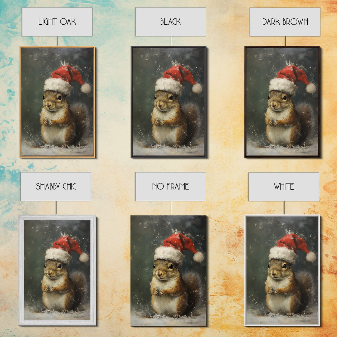 Cute Christmas Squirrel In A Santa Hat, Christmas Art, Christmas Decor, Christmas Wall Art, Farmhouse Christmas, Vintage Christmas Woodland