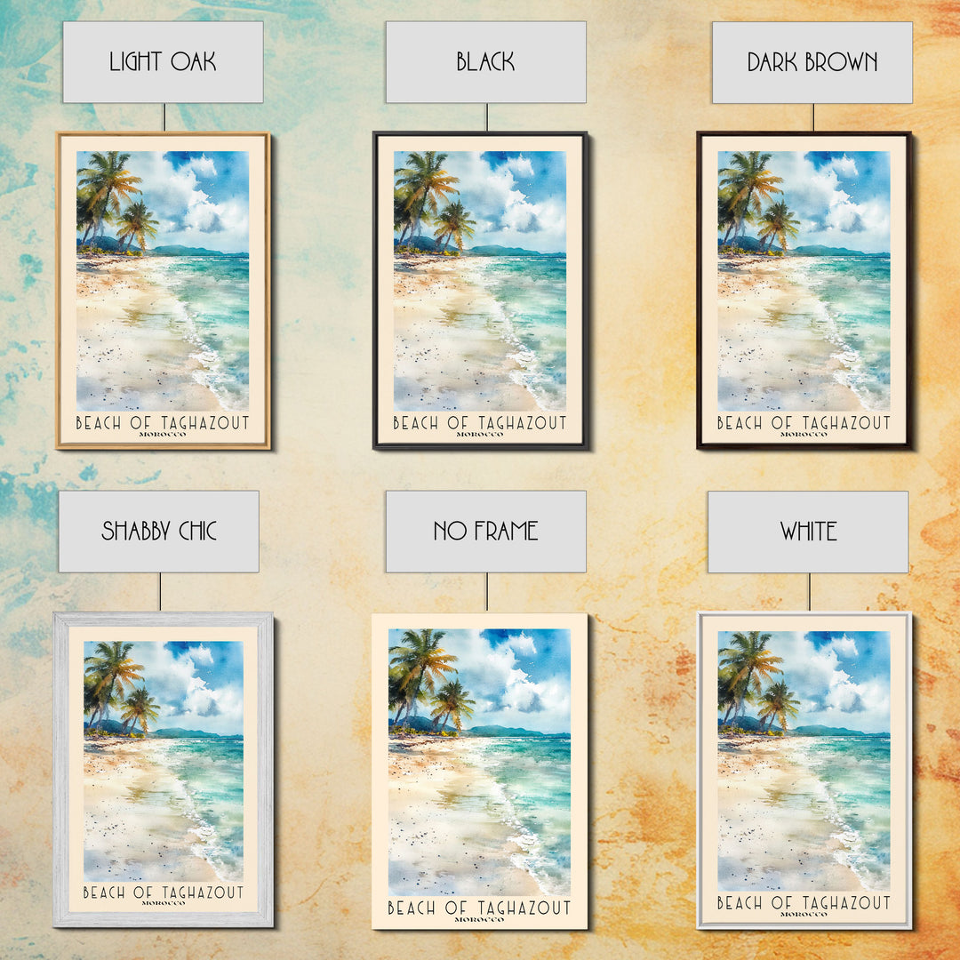 Beach of Taghazout, Morocco Watercolor Beach Print, Vacation Gift, Morocco Wall Art, Framed Canvas Print, Framed Beach Painting