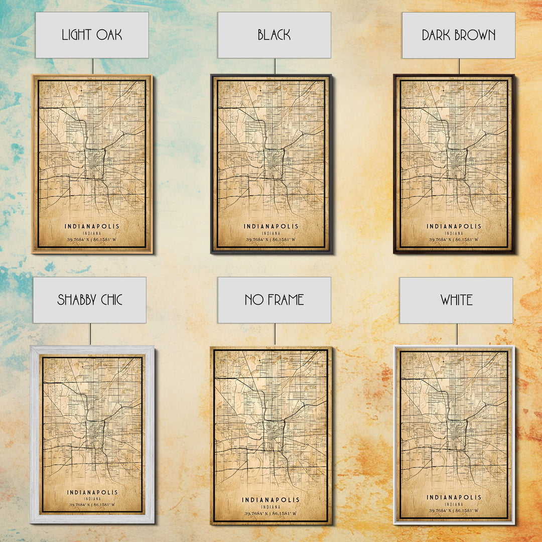 Old Indianapolis City Map Wall Art Canvas Print, Vintage Style Indianapolis Map, Framed Wall Art, Cool Indiana  Wall Art, Office Decor