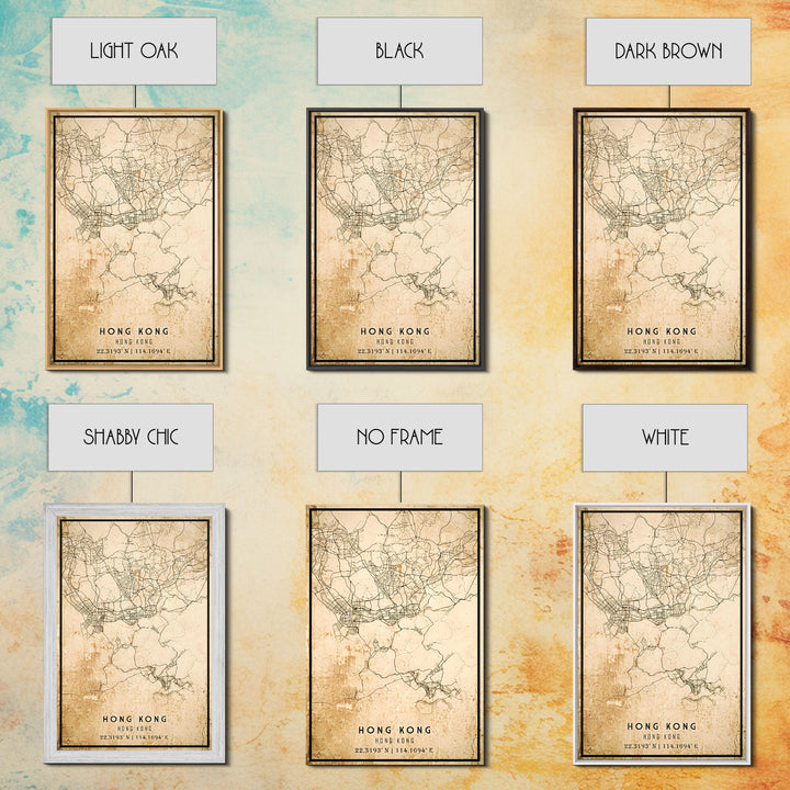 Vintage Hong Kong City Map Wall Art Canvas Print, Distressed Hong Kong Map, Framed Wall Art, Cool Hong Kong Travel Wall Art, Office Art