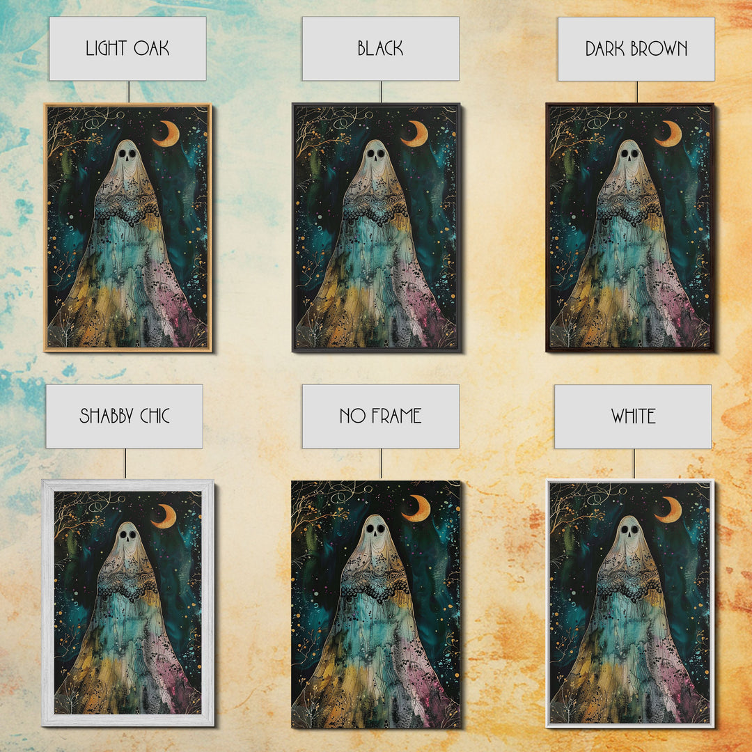 Cottage Core Ghost Decor, Cottagecore Halloween Art Framed Canvas Print, Unique Wall Art, Spooky Season Decor