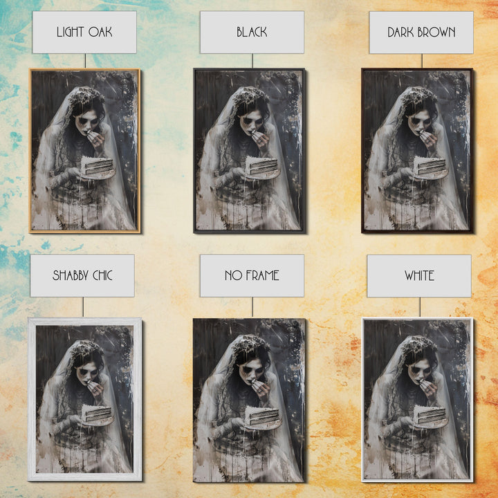 Melancholic Ghost Bride Having A Slice of Birthday Cake, Framed Canvas Print, Halloween Decor