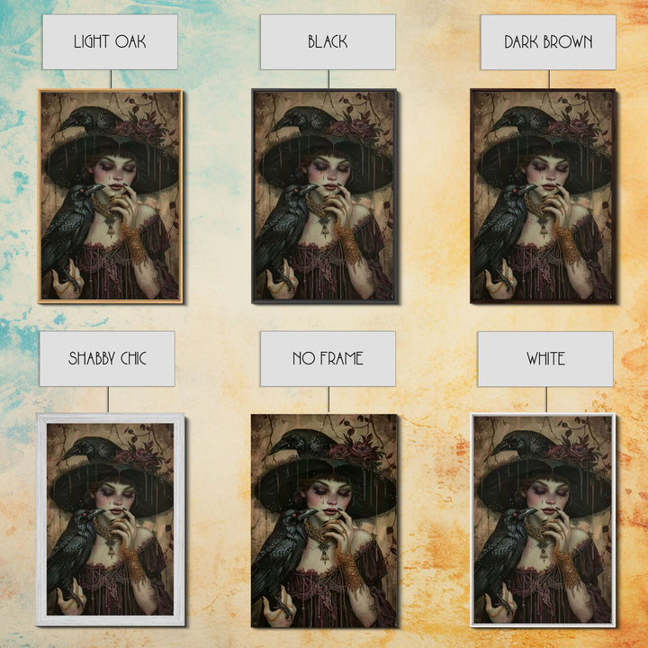 Cottage Core Witch With Raven Framed Canvas Print, Halloween Wall Decor / Wall Art, Spooky Witch, Spooky Month Gift Idea