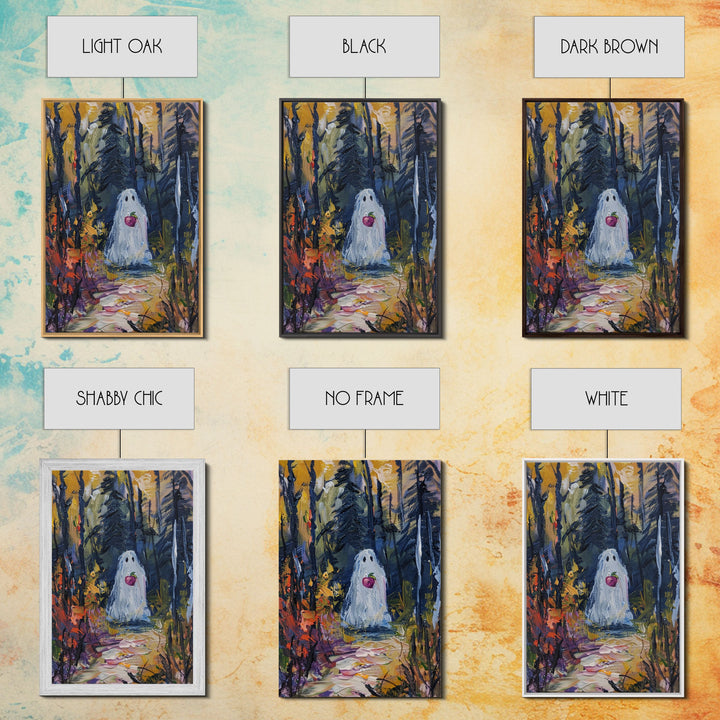 Halloween Ghost in Forest with Apple Framed Canvas Print, Whimsical Spooky Decor, Living Room Art, Fun Halloween Art, Home Decor, Retro Art
