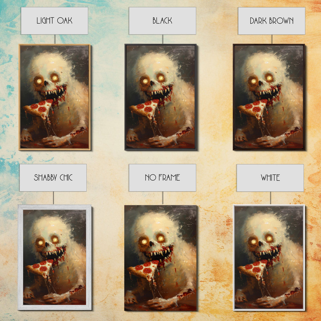 Halloween Ghost with Pizza Framed Canvas Print, Unique Spooky Decor, Living Room Art, Fun Halloween Wall Art, Home Decor, Retro Style Art