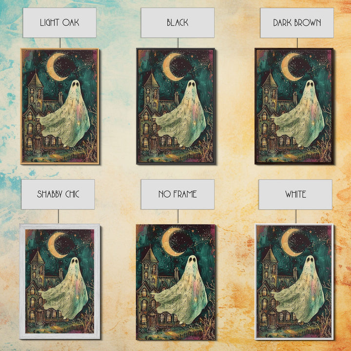 Halloween Ghost with Colorful Background, Framed Canvas Print, Wall Art, Spooky Decor, Halloween Decoration, Living Room Art, Unique Gift