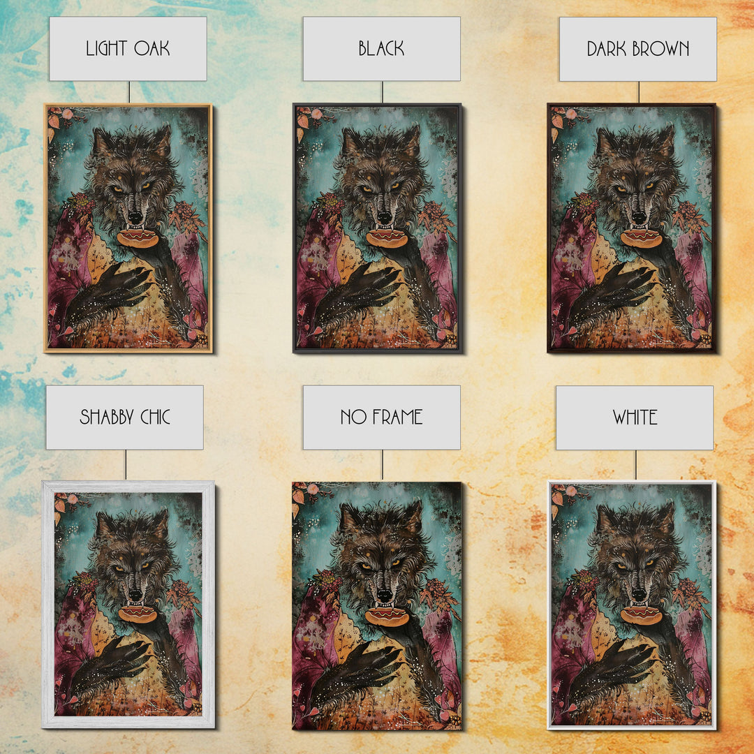 Halloween Werewolf Holding Hotdog, Framed Canvas Print, Wall Art, Home Decor, Spooky Artwork, Fantasy Decor, Halloween Decor