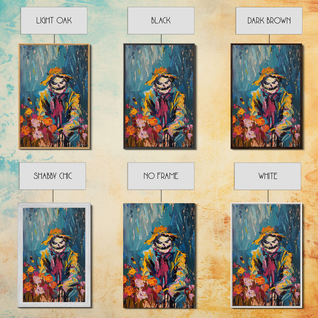 Colorful Scarecrow in Flower Field Framed Canvas Print | Halloween Art | Whimsical Spooky Art | Playful Scarecrow Art for Home Decor