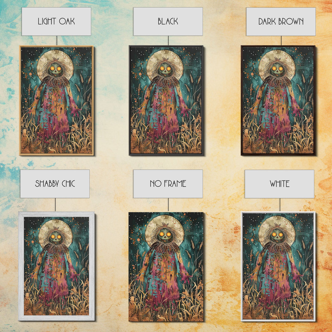 Creepy Moonlit Scarecrow Framed Canvas Print | Halloween Art | Spooky Harvest Artwork | Sinister Scarecrow Art for Home Decor