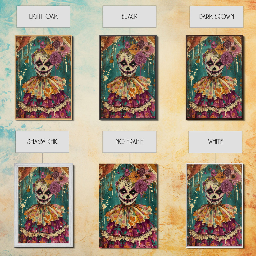 Day of the Dead Doll with Floral Crown Framed Canvas Print, Halloween Art, Creepy Wall Art, Spooky Home Decor, Scary Art, Unique Wall Decor