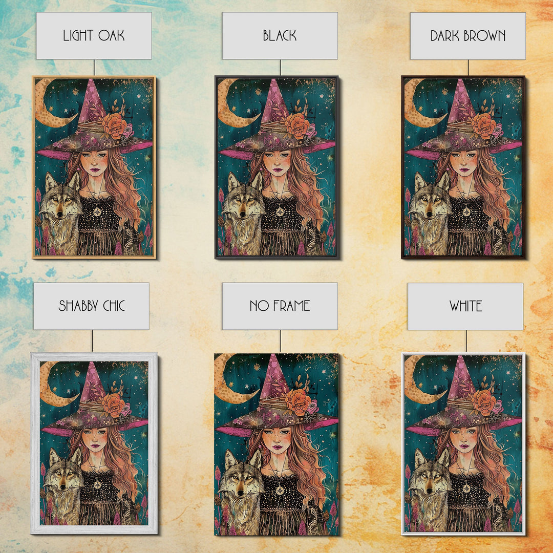 Cottage Core Witch Portrait Framed Canvas Print, Witch Art, Witch and Wolf Familiar, Colorful Springtime Witch Art