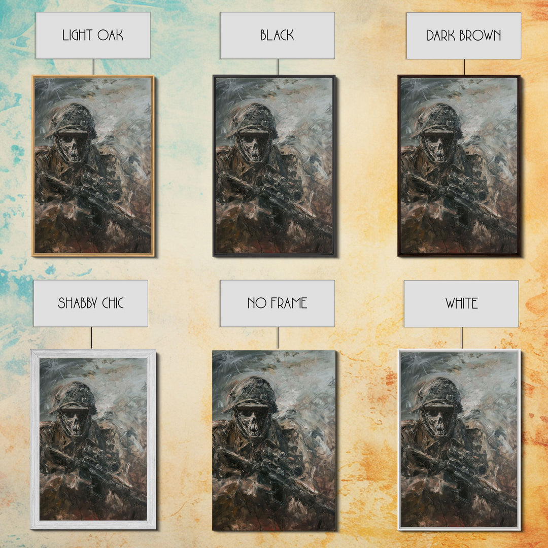 Skeletal Soldier in Battle - Haunting War Scene Gothic Art Framed Canvas Print, Spooky Halloween Decor