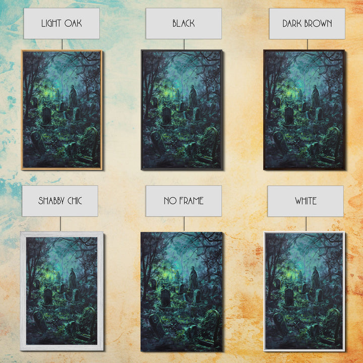 Spooky Cemetery with Glowing Lights Framed Canvas Print, Wall Art, Halloween Graveyard Art, Eerie Home Decor, Haunted Forest Painting