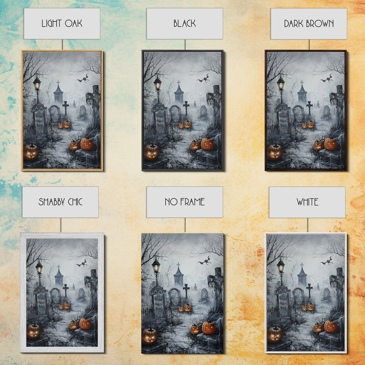 Eerie Graveyard with Pumpkins Framed Canvas Print, Halloween Wall Art, Spooky Cemetery, Home Decor, Gothic Artwork, Living Room Art, Creepy