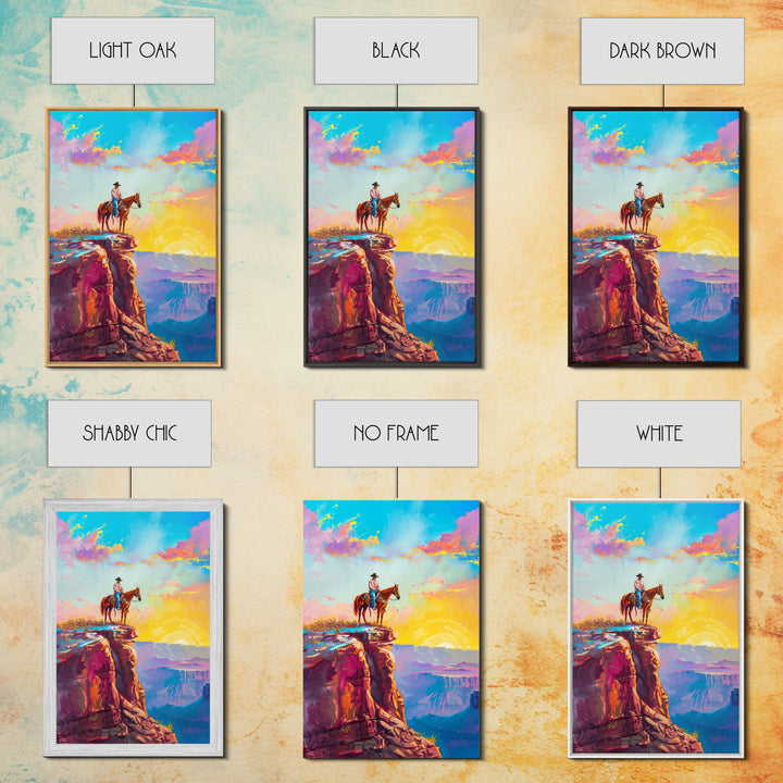 Cowboy on Cliff Edge at Sunrise - Colorful Western Landscape Painting, Framed Canvas Print, Sunrise Wall Art, Living Room Decor