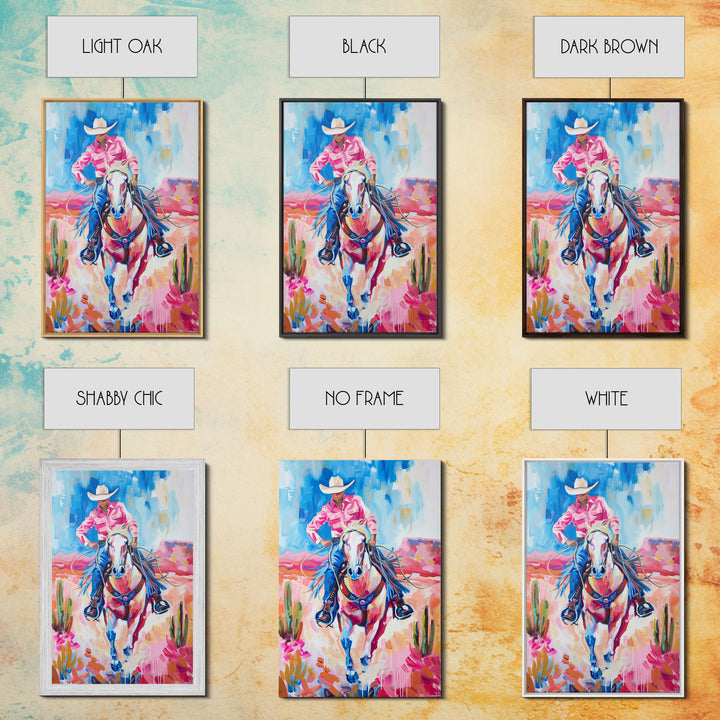 Vibrant Cowboy Riding Horse - Colorful Western Art, Framed Canvas Print, Living Room Decor, Cowboy Painting, Desert Wall Art