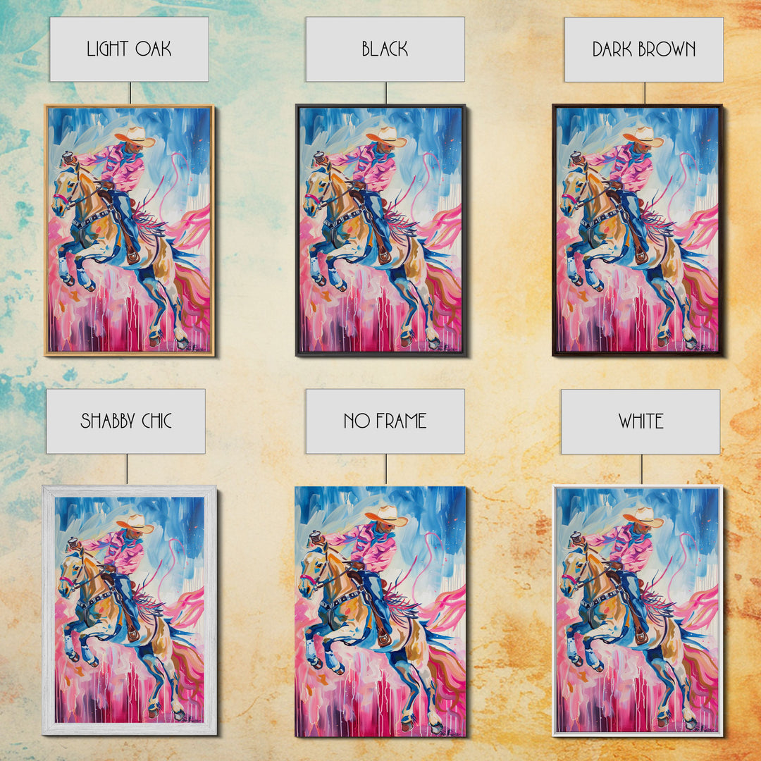 Dynamic Cowboy and Horse Painting - Colorful Western Art, Framed Canvas Print, Living Room Decor, Cowboy Riding Wall Art
