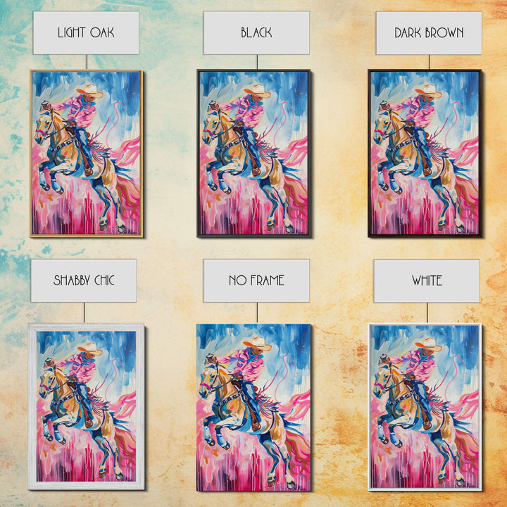 Dynamic Cowboy and Horse Painting - Colorful Western Art, Framed Canvas Print, Living Room Decor, Cowboy Riding Wall Art