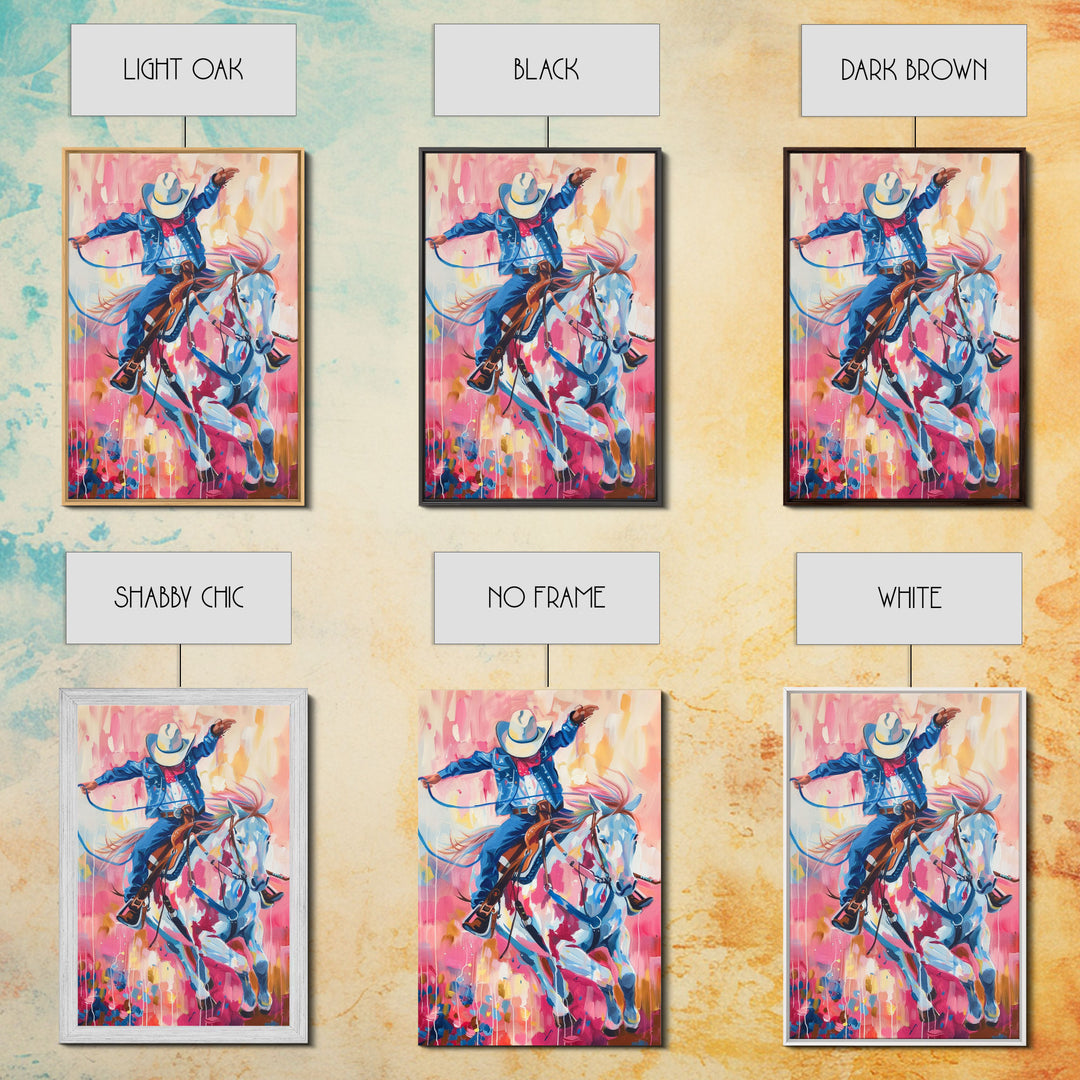 Energetic Cowboy on Horseback - Vibrant Western Art, Framed Canvas Print, Living Room Decor, Cowboy Rodeo Painting, Colorful Wall Art