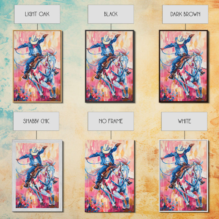 Energetic Cowboy on Horseback - Vibrant Western Art, Framed Canvas Print, Living Room Decor, Cowboy Rodeo Painting, Colorful Wall Art