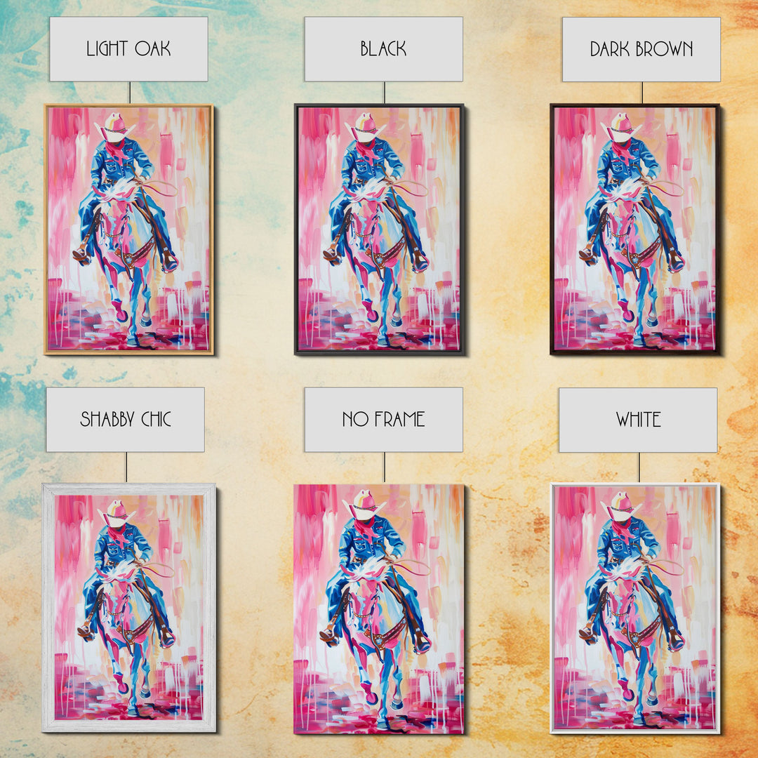 Cowboy Riding in Pink - Colorful Western Art, Framed Canvas Print, Living Room Decor, Cowboy Painting, Vibrant Wall Art