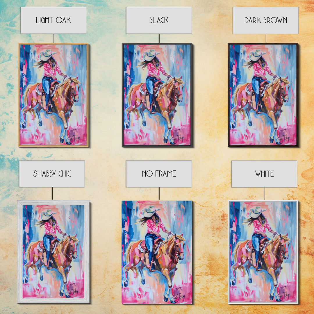 Stylish Cowgirl Riding Horse - Colorful Western Art, Framed Canvas Print, Living Room Decor, Cowgirl Painting, Vibrant Wall Art