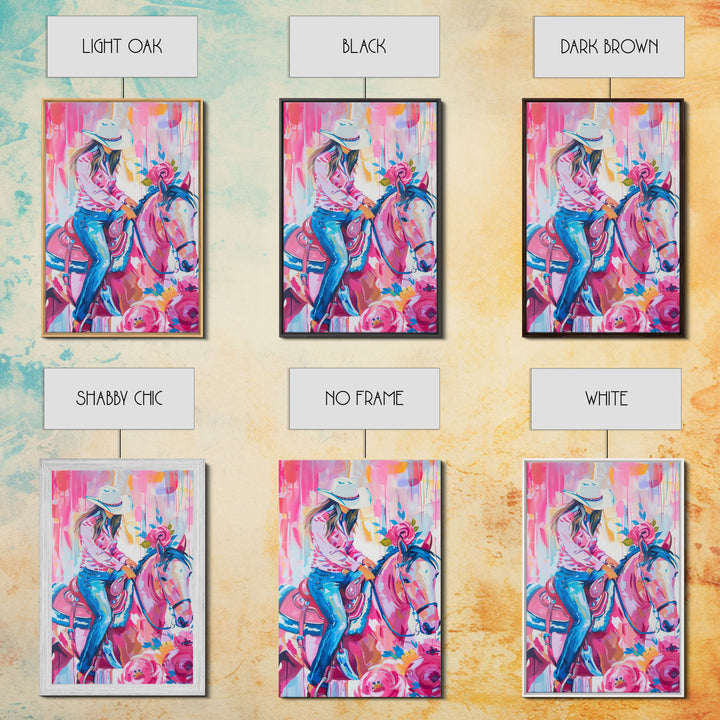 Cowgirl with Floral Horse - Colorful Western Art, Framed Canvas Print, Living Room Decor, Cowgirl Painting, Vibrant Wall Art