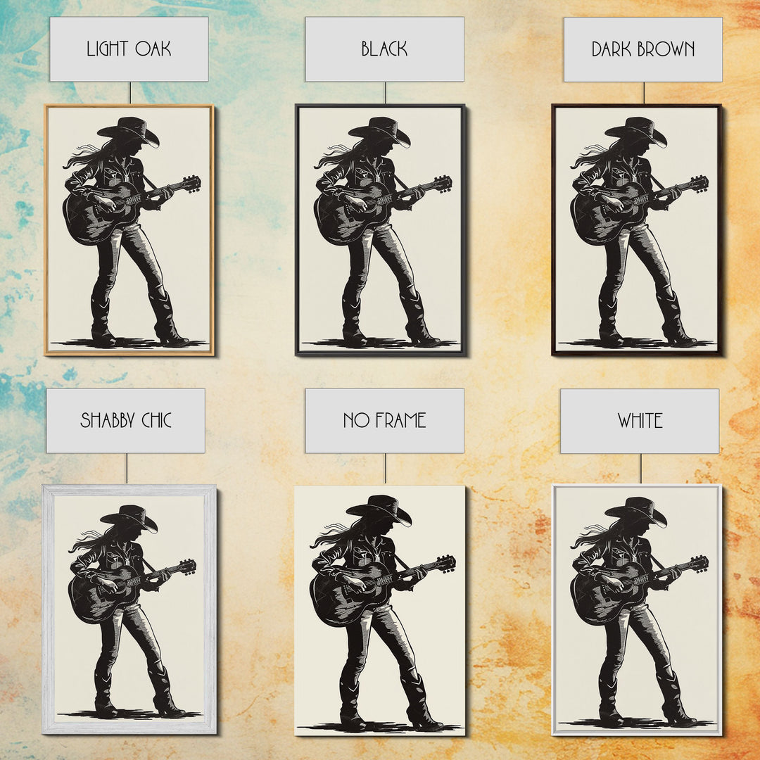 Cowgirl Guitarist Silhouette Art Print, Retro Western Framed Canvas, Vintage Country Music Art, Unique Wall Decor for Home