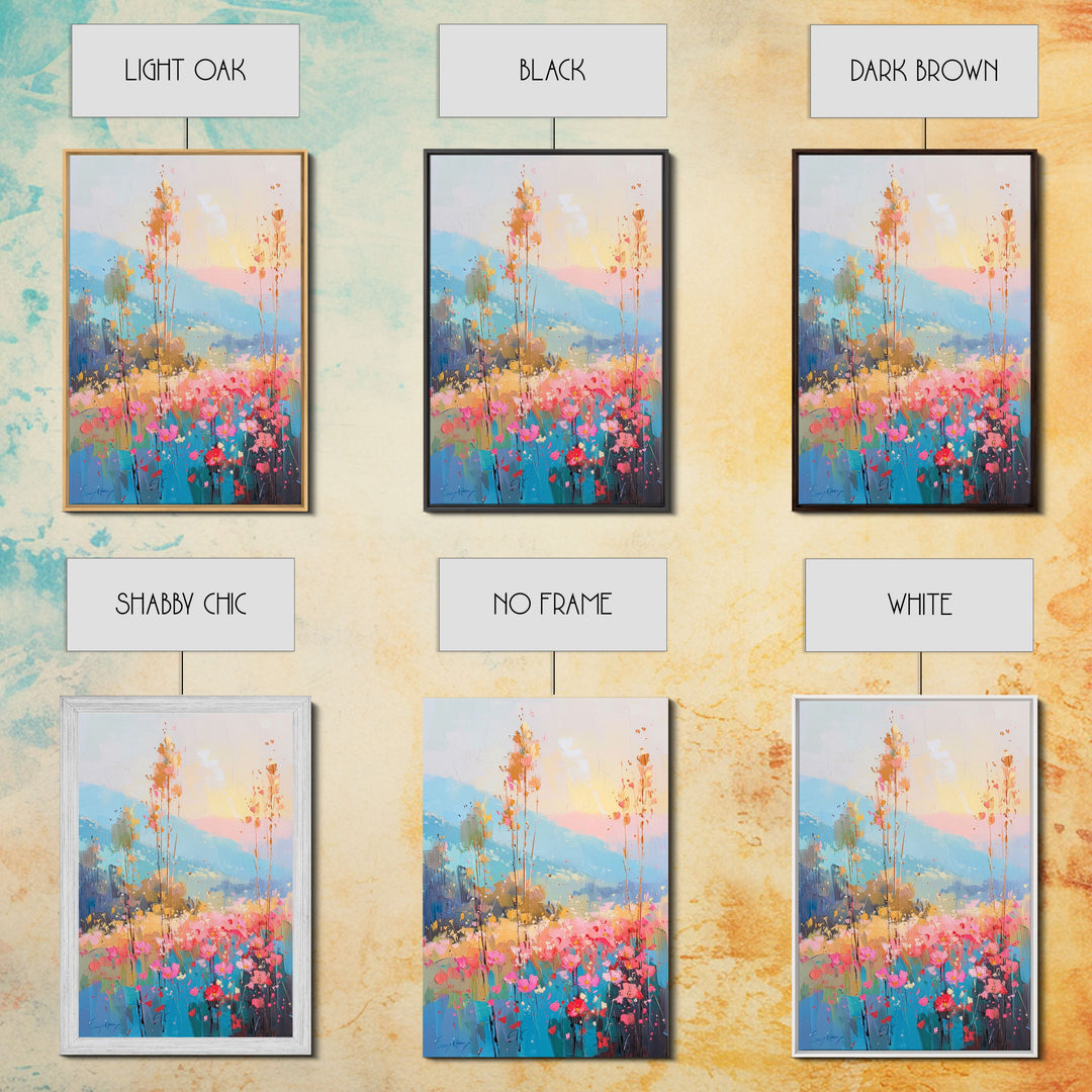 Serene Meadow Landscape at Sunrise - Framed Canvas Print, Tranquil Living Room Art, Peaceful Bedroom Decor, Pastel Flower Art, Wall Art