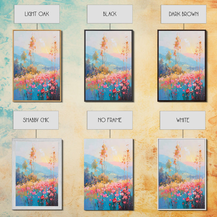 Serene Meadow Landscape at Sunrise - Framed Canvas Print, Tranquil Living Room Art, Peaceful Bedroom Decor, Pastel Flower Art, Wall Art