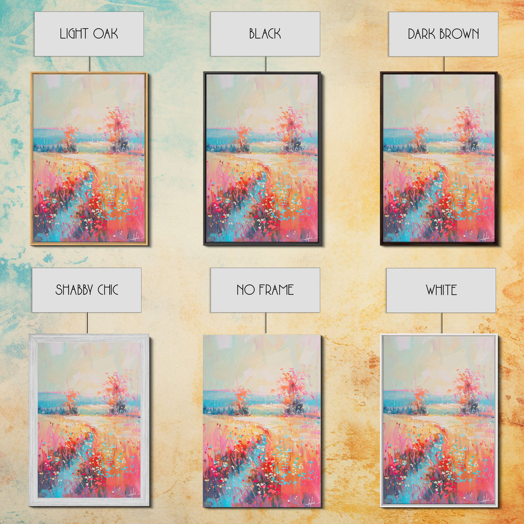 Luminous Landscape with Wildflowers - Framed Canvas Print, Radiant Living Room Art, Bright Bedroom Decor, Colorful Flower Art, Wall Art
