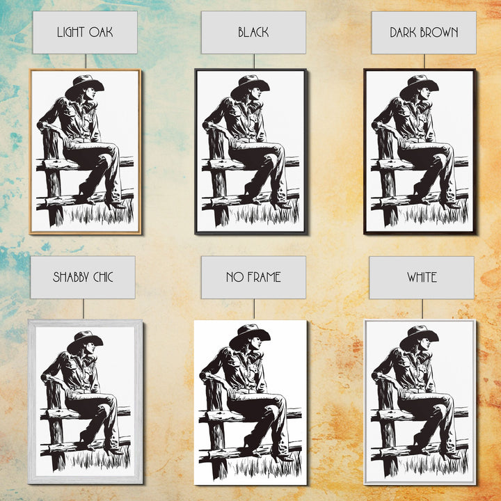 Cowgirl Resting on Fence Art Print, Western Silhouette Framed Canvas, Vintage Cowgirl Artwork, Rustic Home Decor