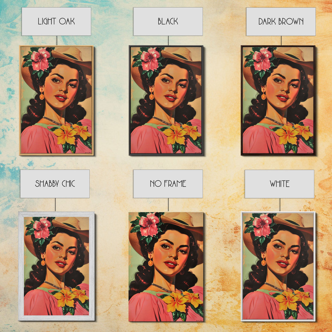 Vintage Portrait of a Lady with Flowers in Hair - Framed Canvas Print, Classic Living Room Art, Elegant Bedroom Decor, Retro Art, Wall Art